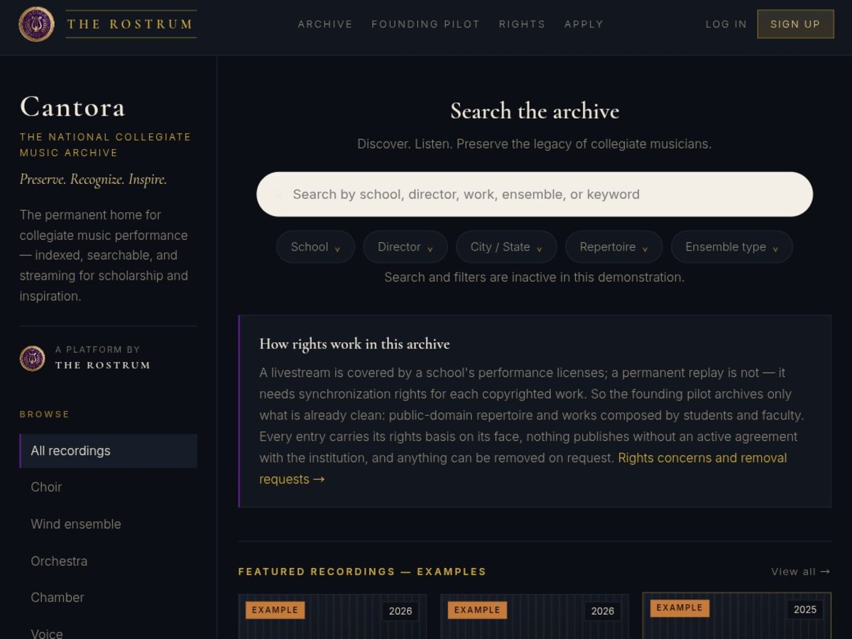 The Cantora archive interface with browse categories beside filters for institution, director, city, repertoire and ensemble type.