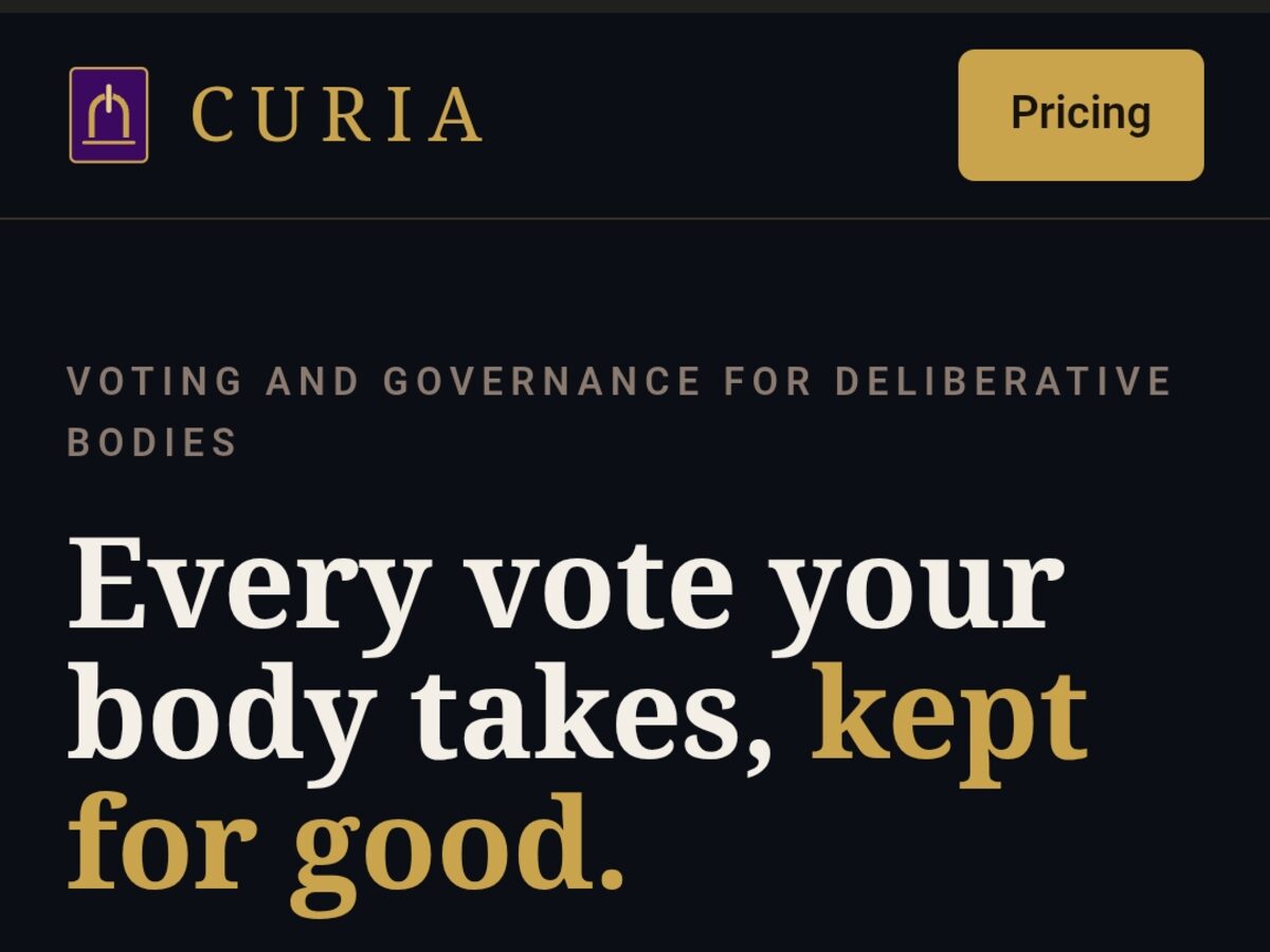The Curia home page with its wordmark, pricing link and the line Every vote your body takes, kept for good.
